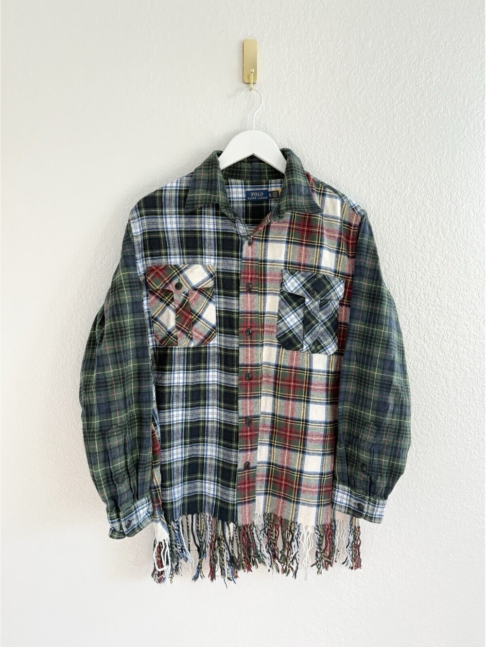 Polo Ralph Lauren Patchwork Plaid Fringe Flannel Shirt XL Cotton Shacket Rare